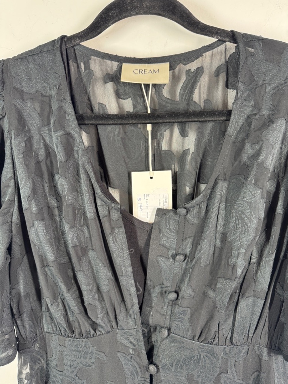 CREAM Black Jacquard Midi Dress Size 8 Sheer Sleeve Dark Romantic Chic Grunge - Picture 7 of 13